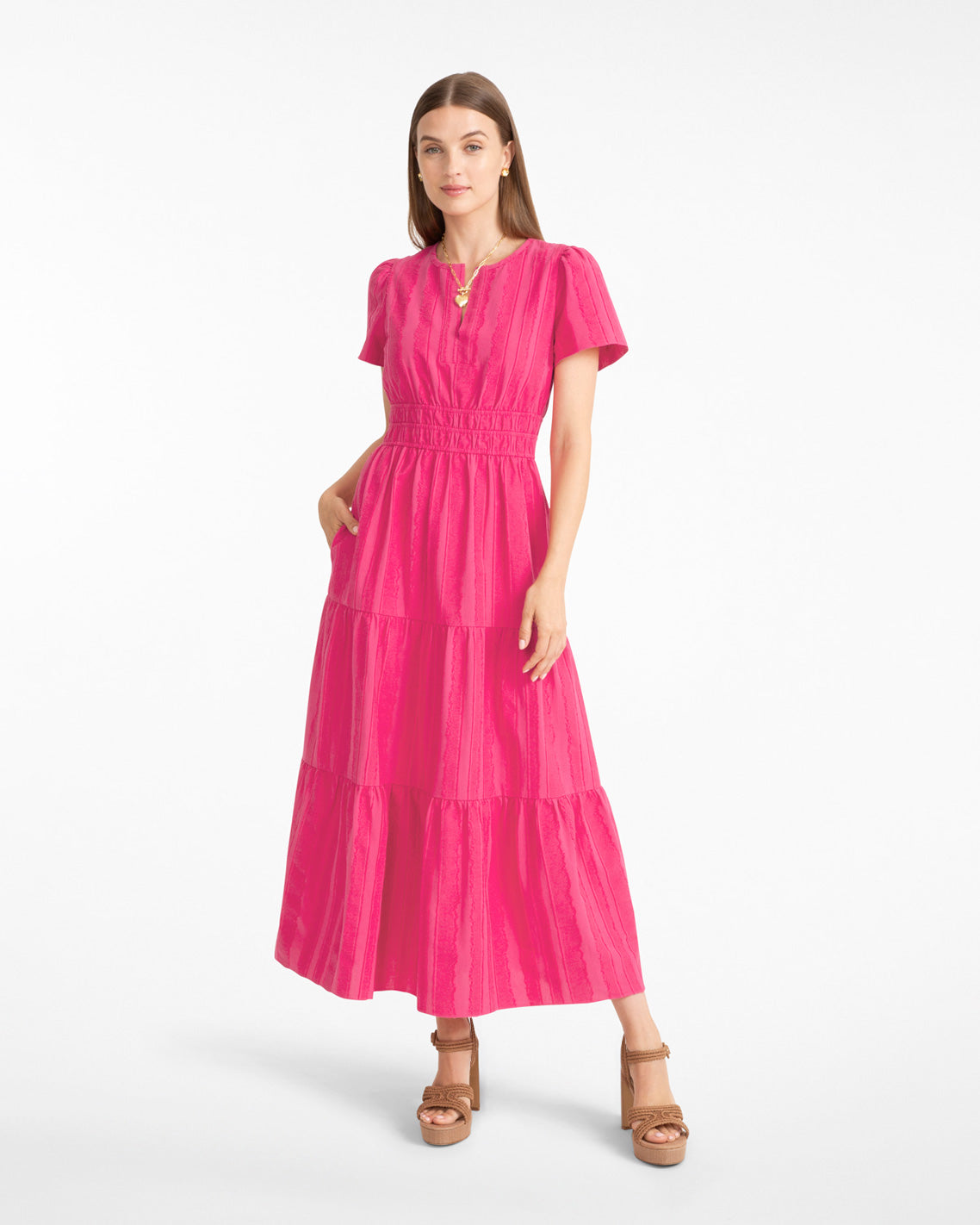 Hollie Midi Dress in Textured Stripe Pink - Draper James