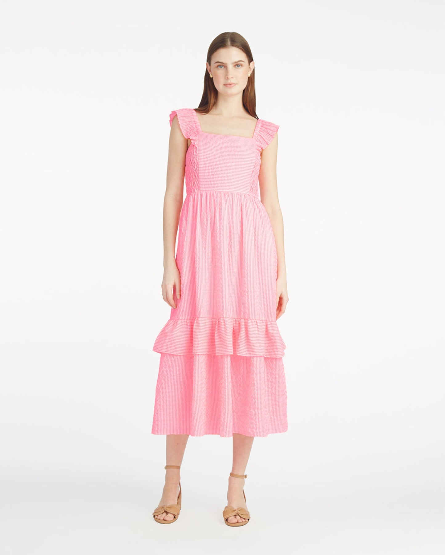 Carrie Midi Dress in Pink Seersucker Pink Seersucker Stripe - Draper James