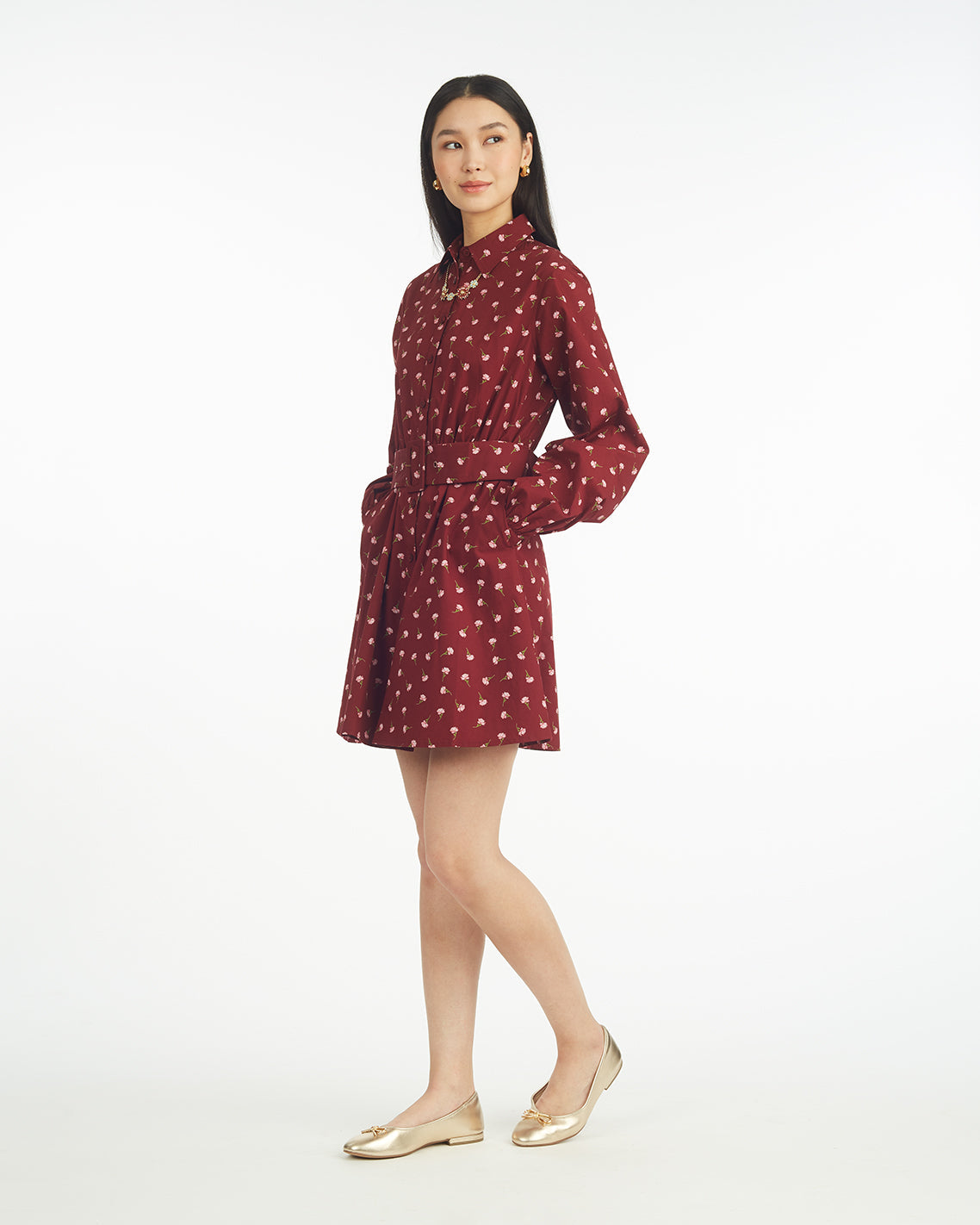 Lily Long-Sleeve Mini Dress in Burgundy Buds Burgundy Buds - Draper James