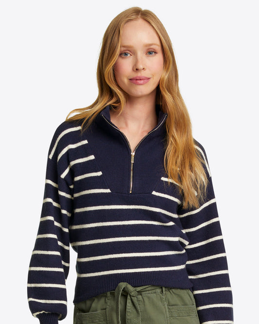 Striped Quarter Zip Sweater in Navy Mariner Stripe Nassau Navy - Draper James