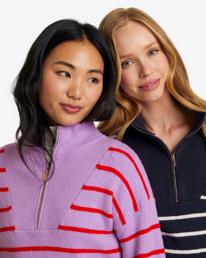 Striped Quarter Zip Sweater in Navy Mariner Stripe Nassau Navy - Draper James