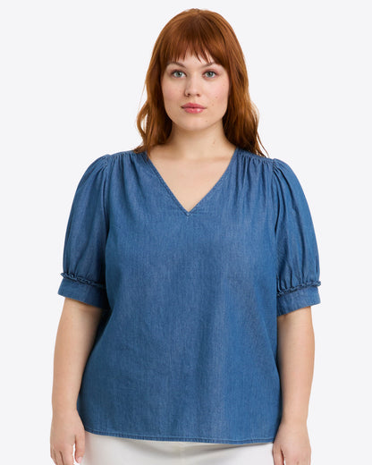 Heidi V-Neck Top in Chambray Medium Wash - Draper James