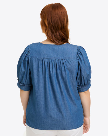 Heidi V-Neck Top in Chambray Medium Wash - Draper James