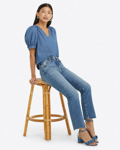 Heidi V-Neck Top in Chambray Medium Wash - Draper James