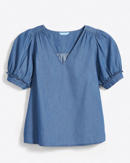 Heidi V-Neck Top in Chambray Medium Wash - Draper James