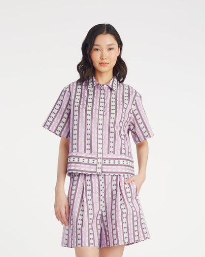 Short Sleeve Cropped Button Down | Tops by Draper James Dotted Stripes Jacquard - Draper James