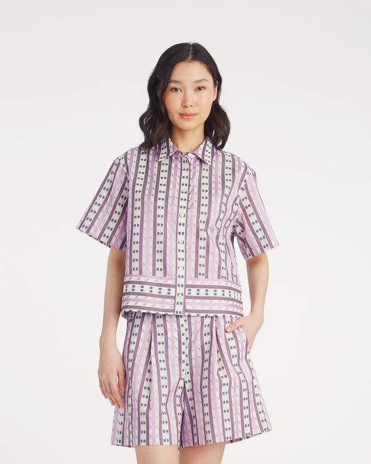 Short Sleeve Cropped Button Down | Tops by Draper James Dotted Stripes Jacquard - Draper James