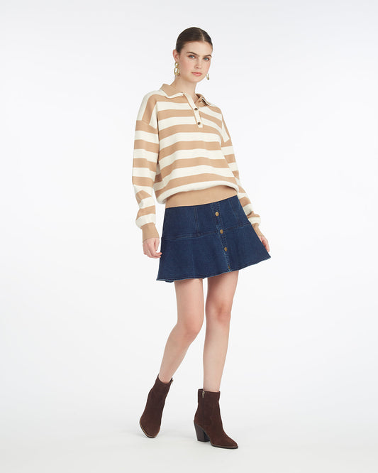 Double Johnny Collar Rugby Stripe Pullover – Alternate Sesame_Gardenia - Draper James