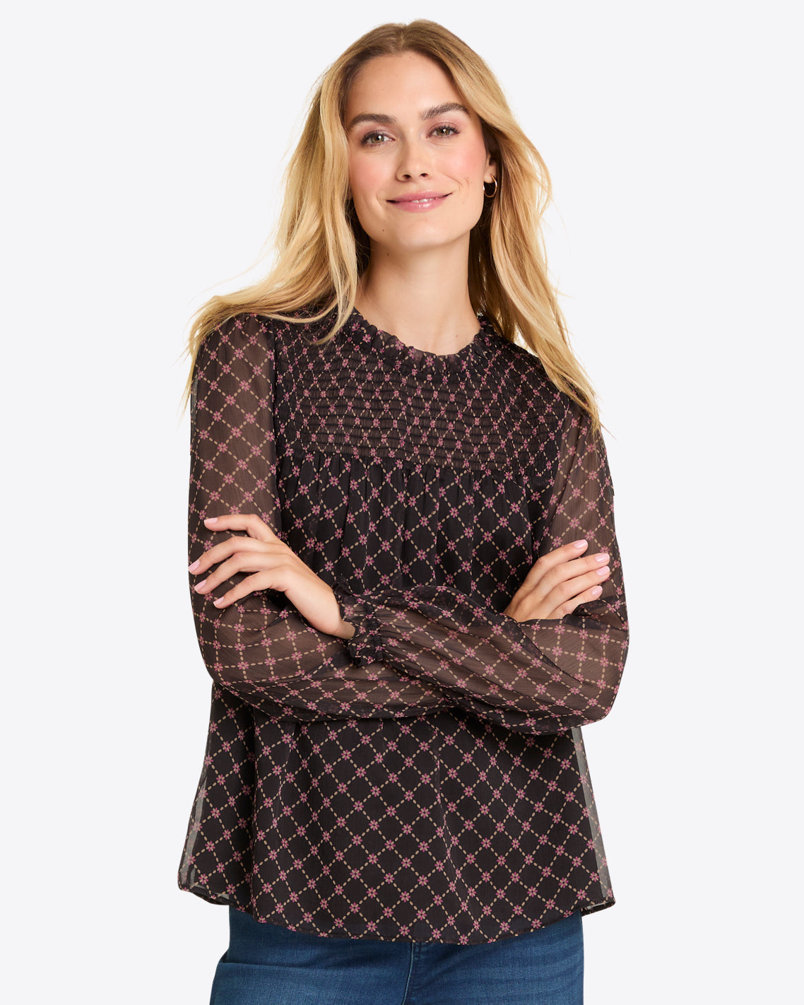 Jacqueline Long Sleeve Top in Crinkle Chiffon Black Daisy Trellis - Draper James