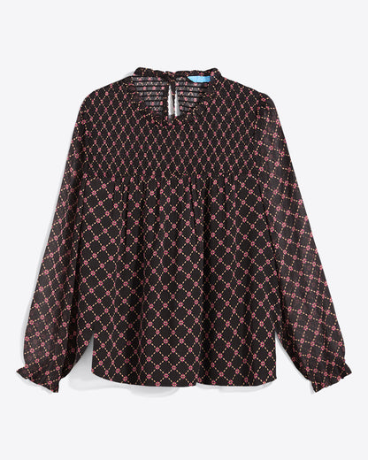 Jacqueline Long Sleeve Top in Crinkle Chiffon Black Daisy Trellis - Draper James