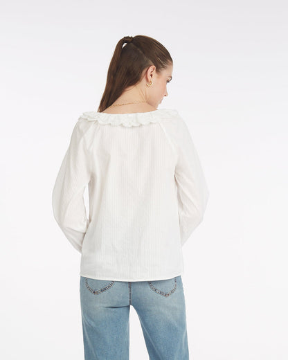 Reyna Long-Sleeve Top in Textured Shirting Stripe White Shirting Stripe - Draper James