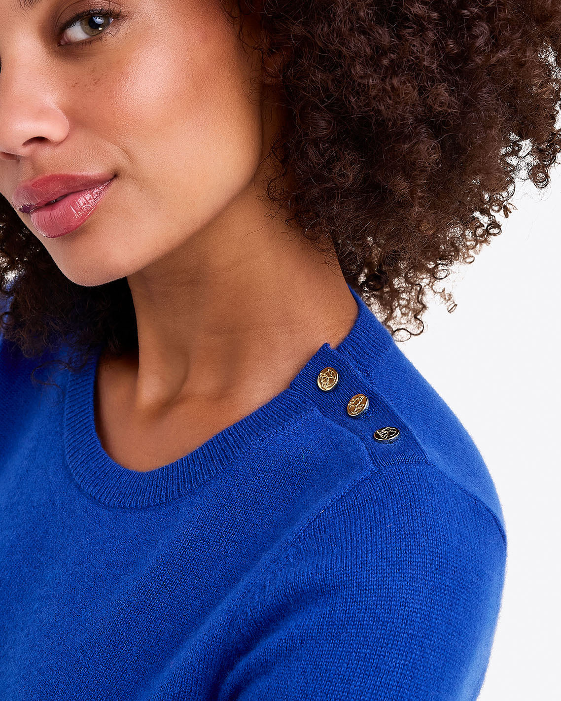 Button Shoulder Cashmere Sweater in Ivory Royal Blue - Draper James