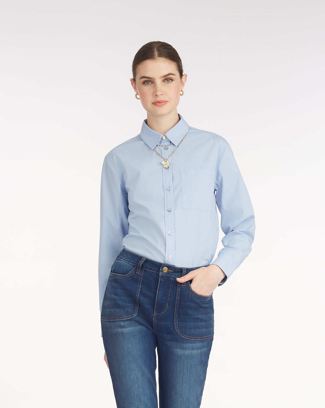 Long-Sleeve Button Down in Cotton Poplin Light Blue - Draper James