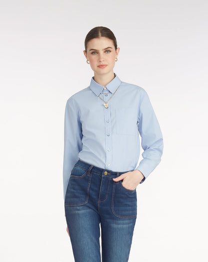 Long-Sleeve Button Down in Cotton Poplin Light Blue - Draper James