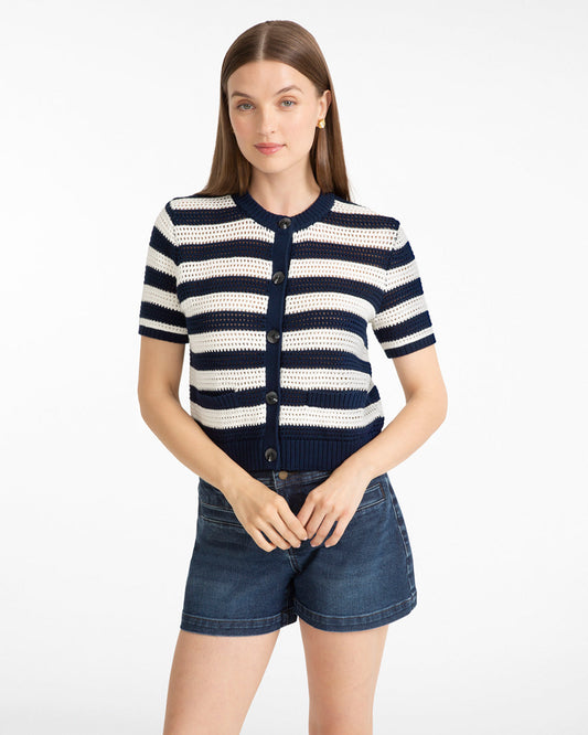 Blue & White SS Cardigan Nassau Navy Multi - Draper James