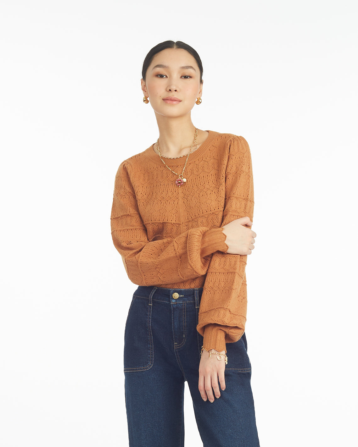 Long-Sleeve Pointelle Sweater in Ivory Brown - Draper James