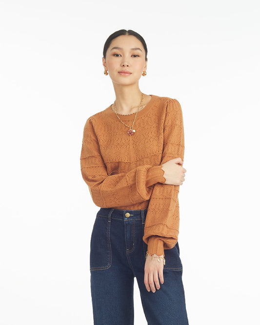 Long-Sleeve Pointelle Sweater in Ivory Brown - Draper James