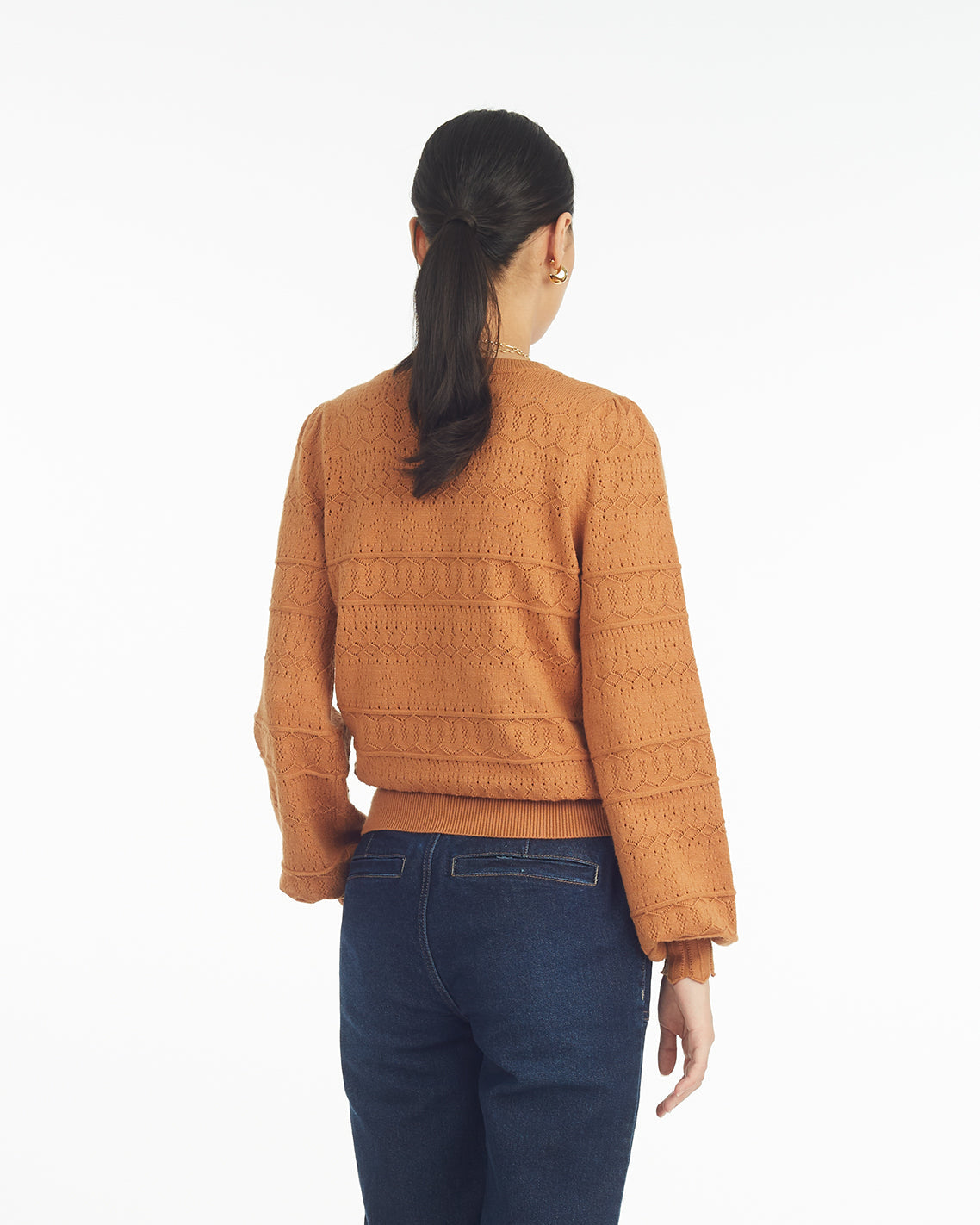 Long-Sleeve Pointelle Sweater in Ivory Brown - Draper James