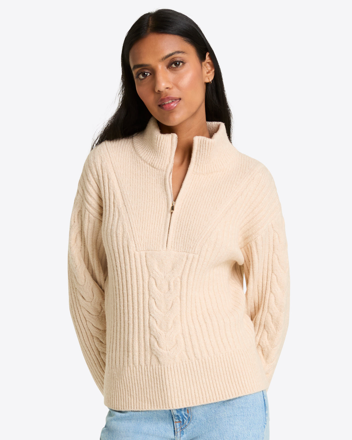 Quarter Zip Cableknit Sweater Cream - Draper James