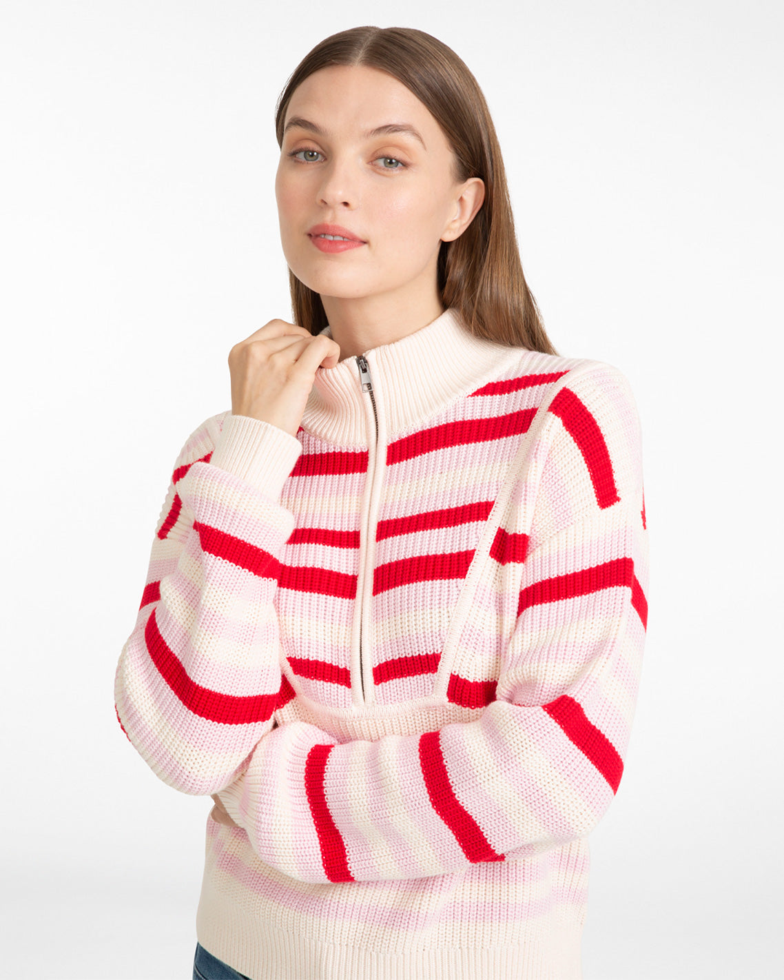 Quarter Zip Sweater in Mixed Stripe Pink Mixed Stripe - Draper James