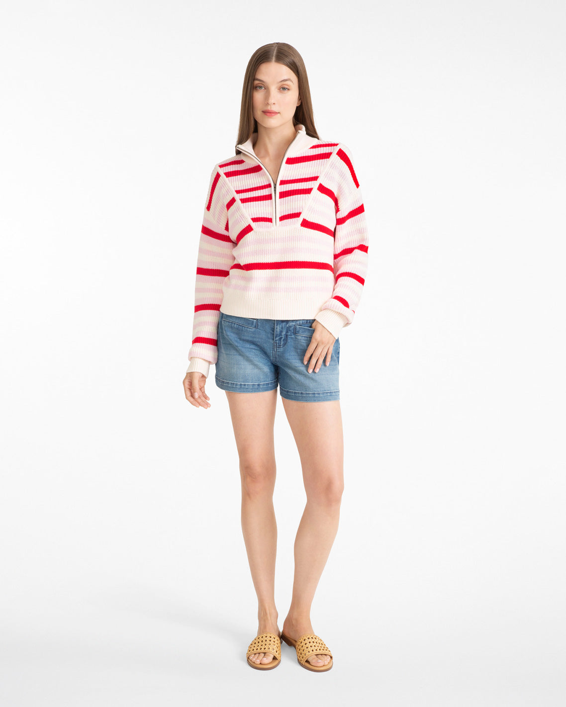 Quarter Zip Sweater in Mixed Stripe Pink Mixed Stripe - Draper James