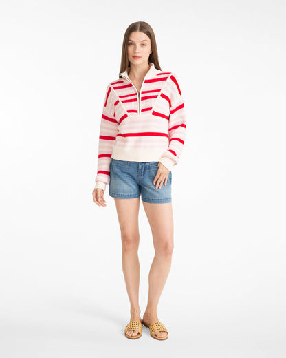 Quarter Zip Sweater in Mixed Stripe Pink Mixed Stripe - Draper James