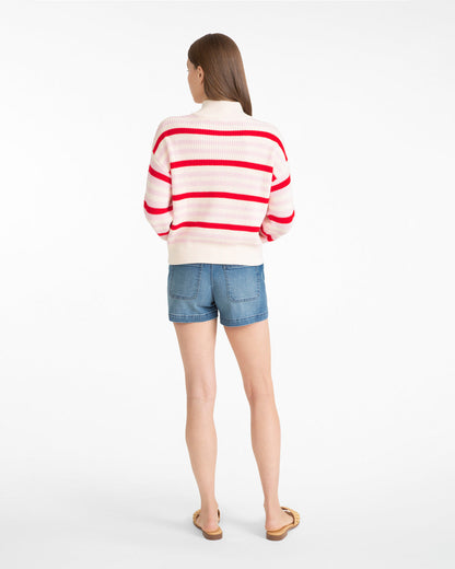 Quarter Zip Sweater in Mixed Stripe Pink Mixed Stripe - Draper James