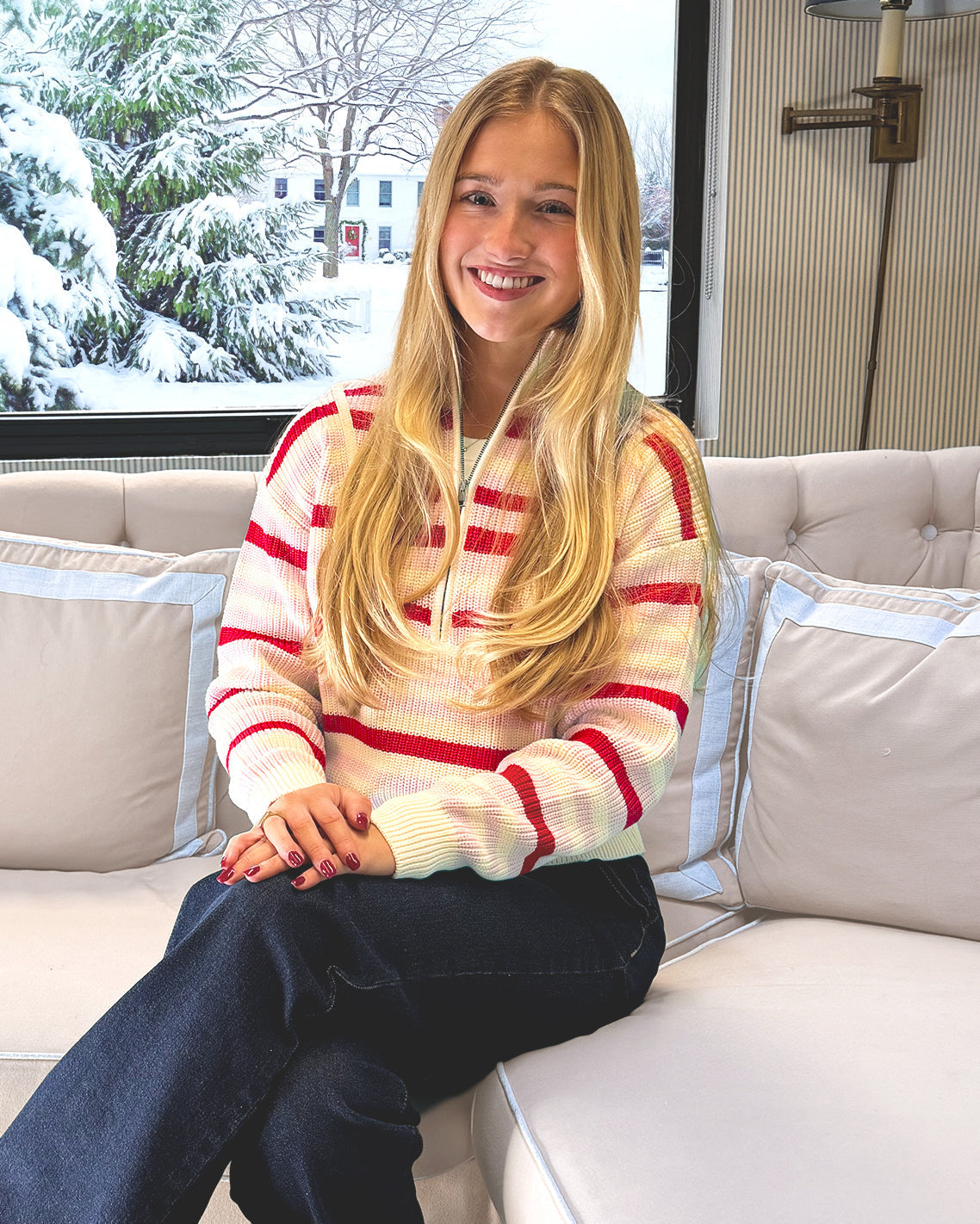 Quarter Zip Sweater in Mixed Stripe Pink Mixed Stripe - Draper James