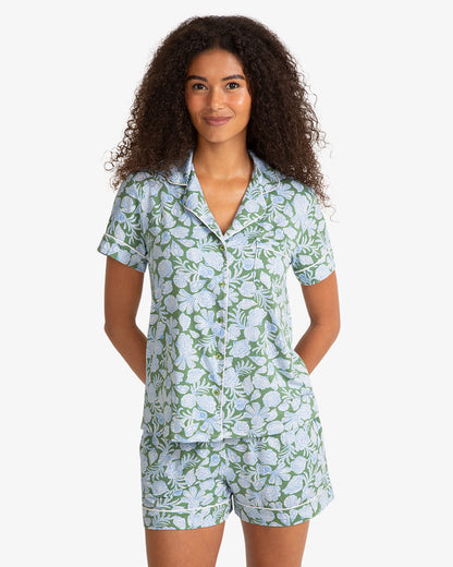 Sara Pajama in Shell Fan Green Multi - Draper James