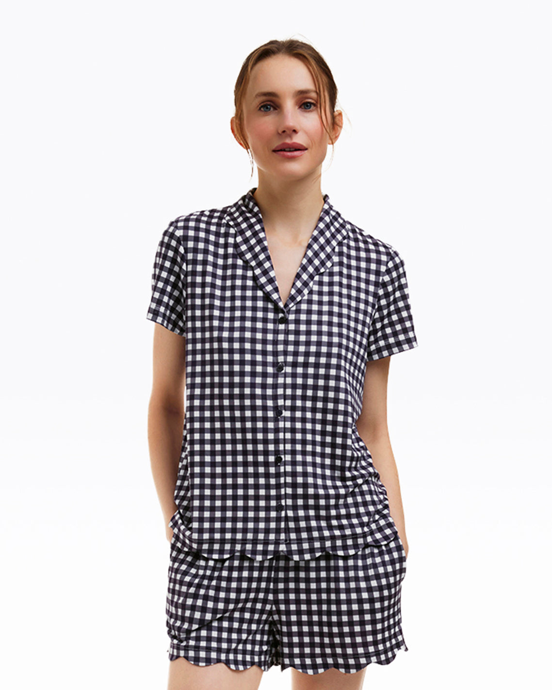 Scallop Sara Pajama Set in Navy Gingham Nassau Navy Gingham - Draper James