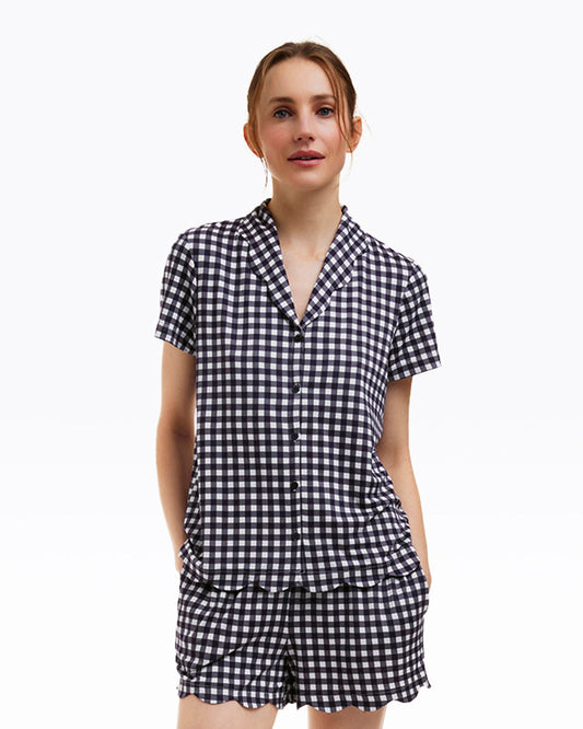 Scallop Sara Pajama Set in Navy Gingham Nassau Navy Gingham - Draper James