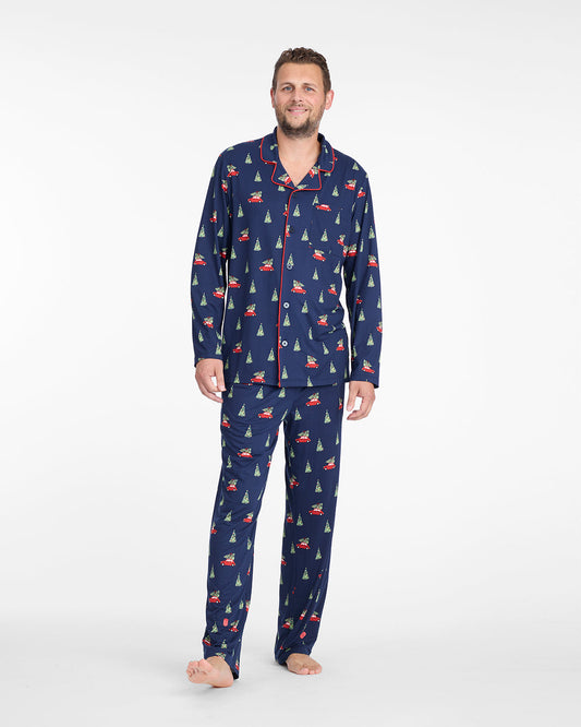 Men's Long-Sleeve Pajama Set in Holiday Trees Nassau Navy Multi - Draper James