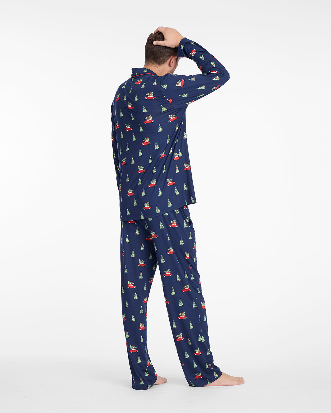 Men's Long-Sleeve Pajama Set in Holiday Trees Nassau Navy Multi - Draper James