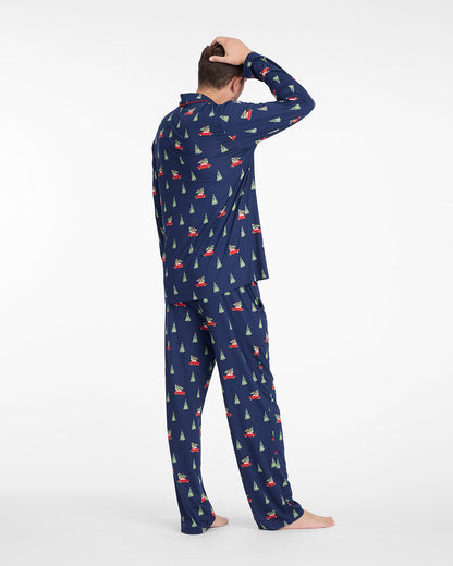 Men's Long-Sleeve Pajama Set in Holiday Trees Nassau Navy Multi - Draper James