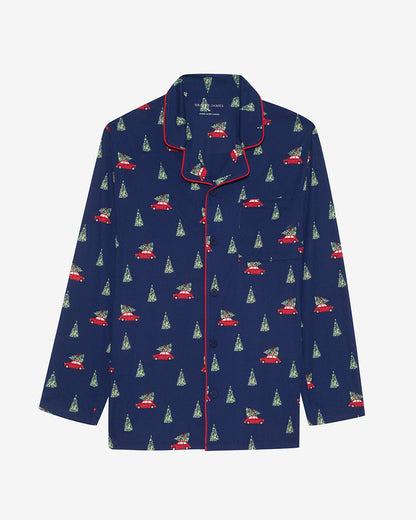 Men's Long-Sleeve Pajama Set in Holiday Trees Nassau Navy Multi - Draper James