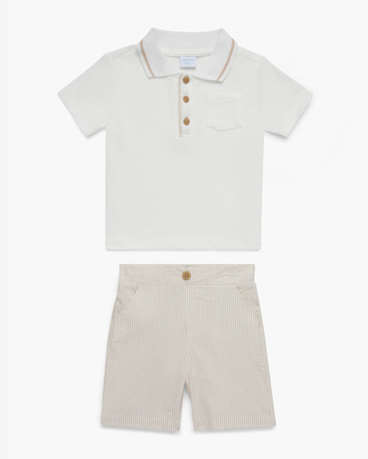 Polo Seersucker Short Set in Beige Tan/White - Draper James