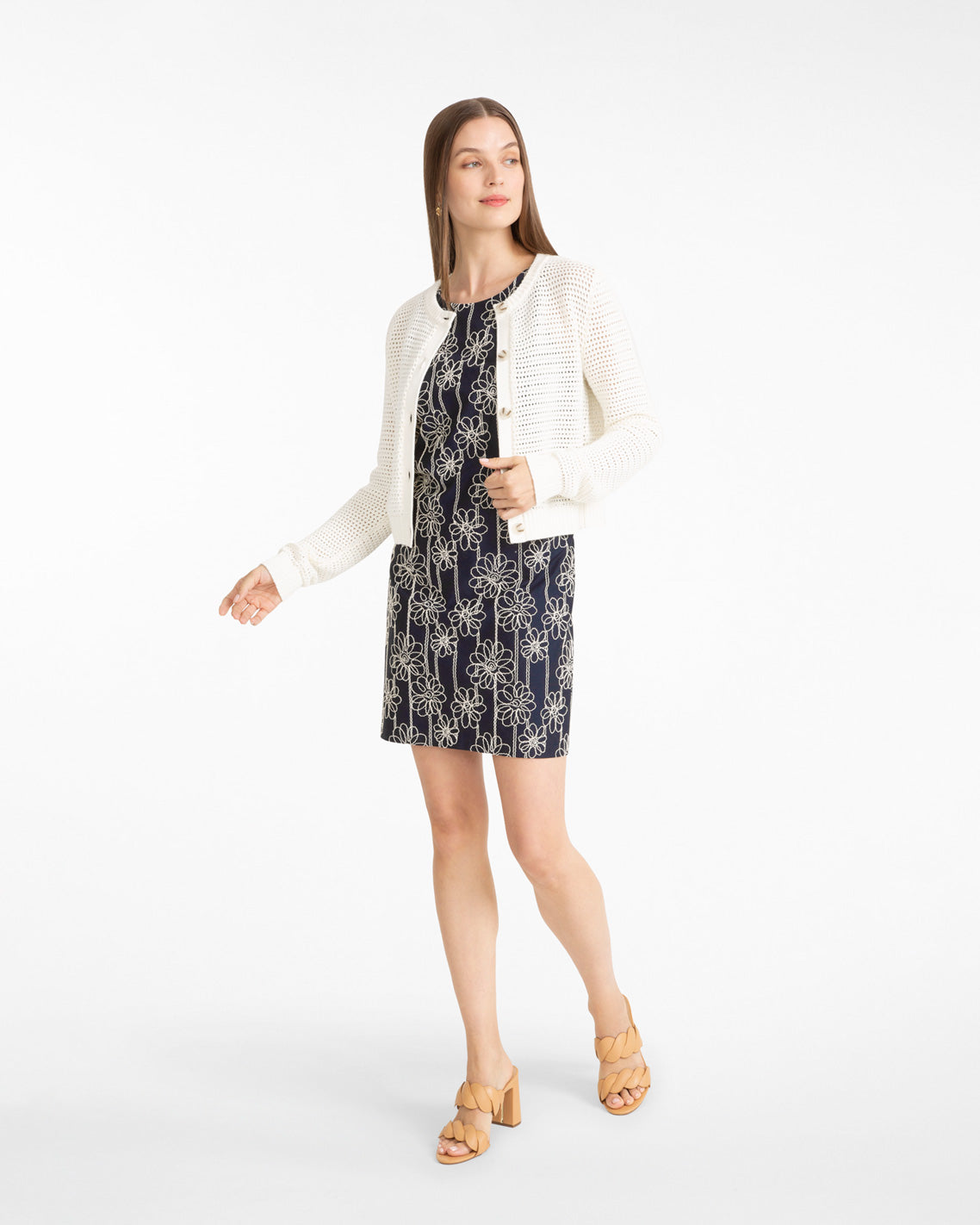 Priscilla Sleeveless Dress in Embroidery Nassau Navy Multi - Draper James