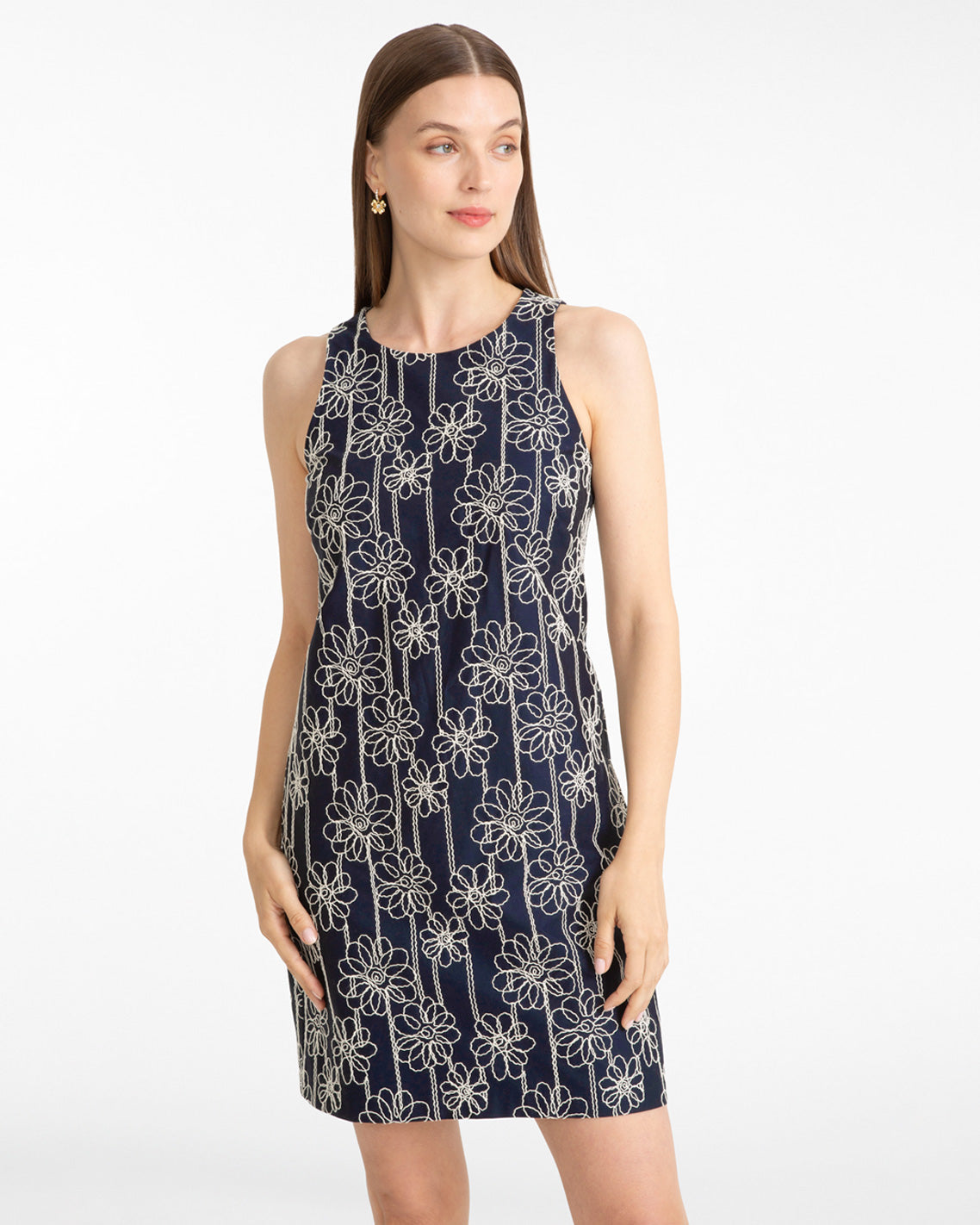 Priscilla Sleeveless Dress in Embroidery Nassau Navy Multi - Draper James