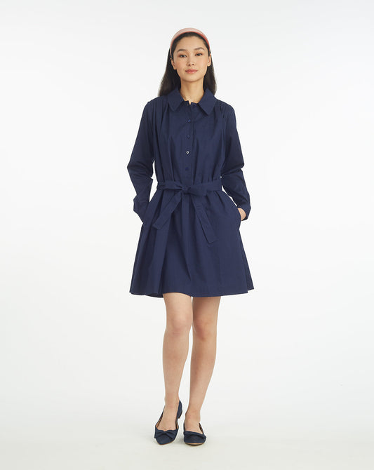 Ellie Pleated Shirtdress in Cotton Dobby Nassau Navy - Draper James