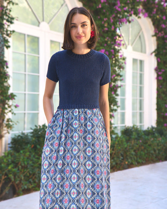 Chiara Mixed Media Midi Dress Nassau Navy Multi - Draper James