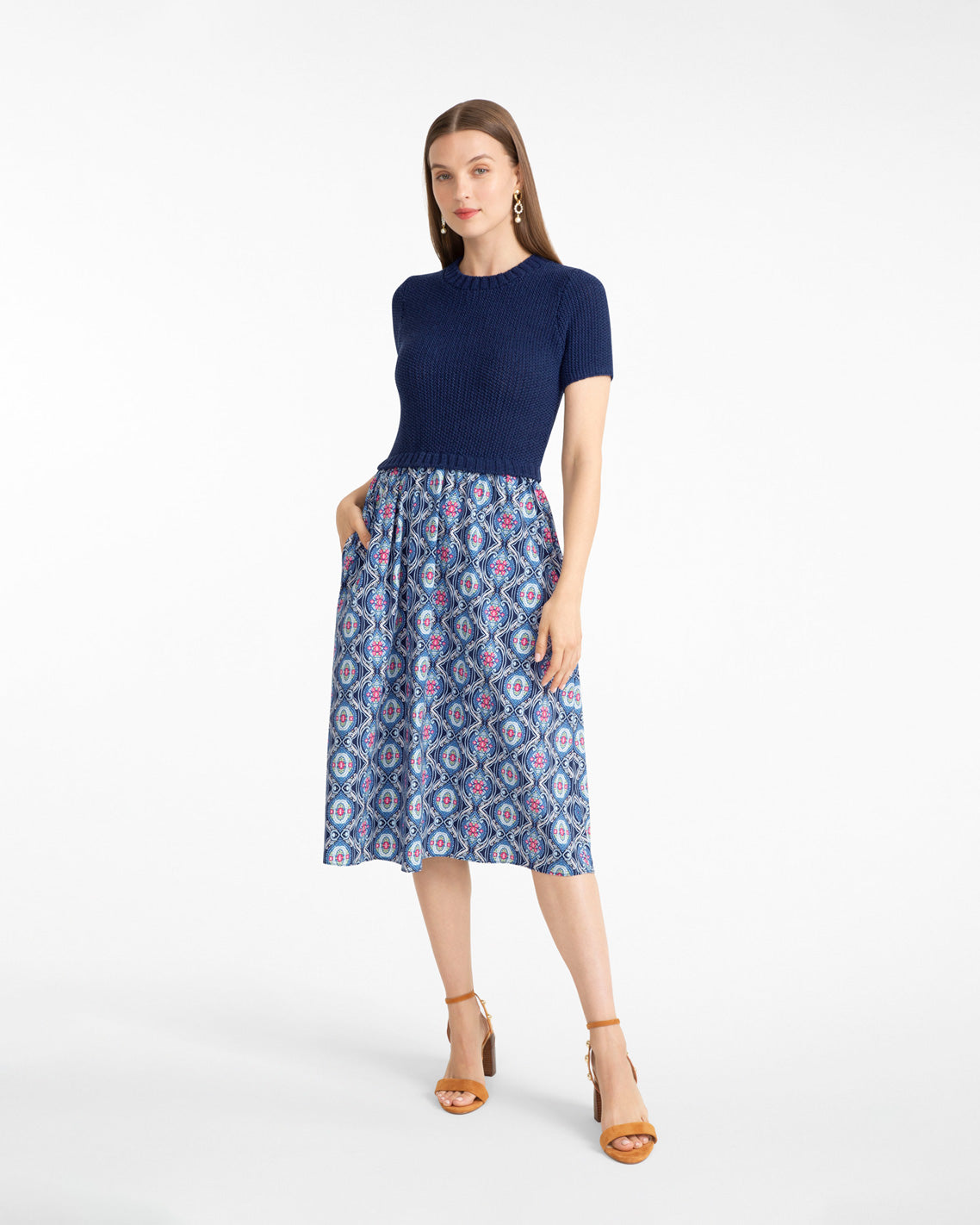 Chiara Mixed Media Midi Dress Nassau Navy Multi - Draper James