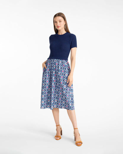Chiara Mixed Media Midi Dress Nassau Navy Multi - Draper James