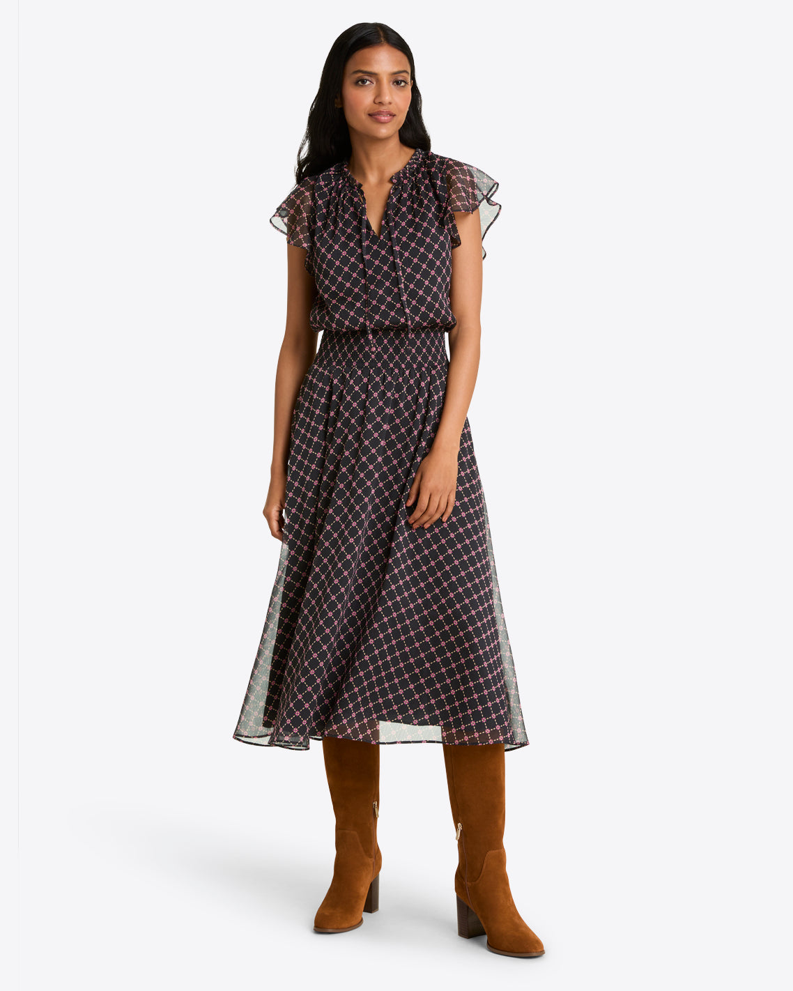 Tenille Dress in Crinkle Chiffon Black Daisy Trellis - Draper James