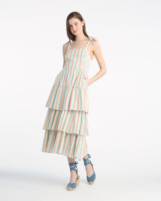 Taylor Tiered Midi Dress in Rainbow Stripes Rainbow Stripe - Draper James