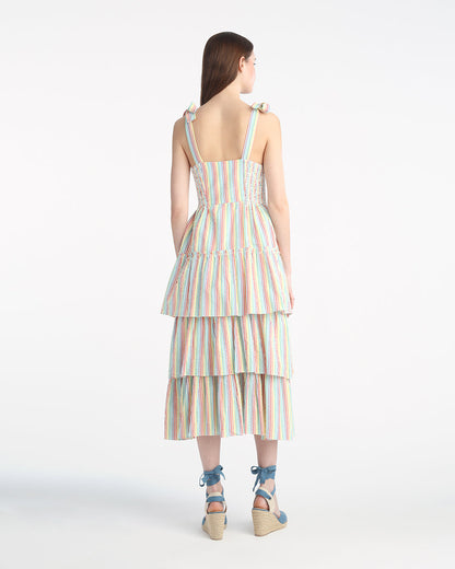 Taylor Tiered Midi Dress in Rainbow Stripes Rainbow Stripe - Draper James