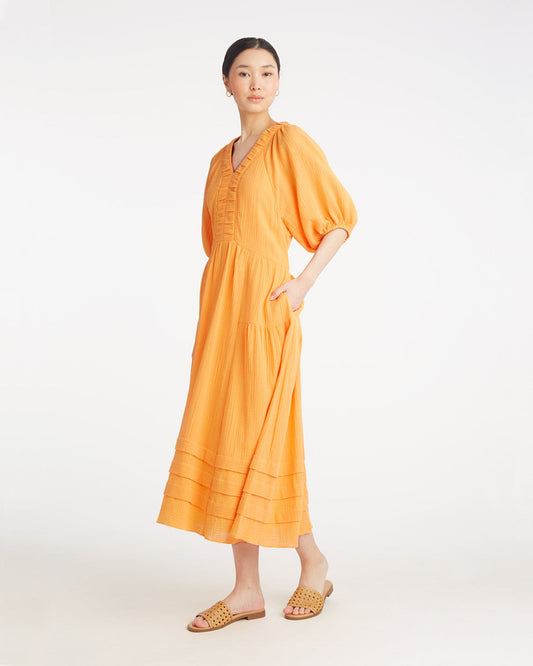 Chloe V-Neck Midi Dress in Crinkle Cotton Orange - Draper James