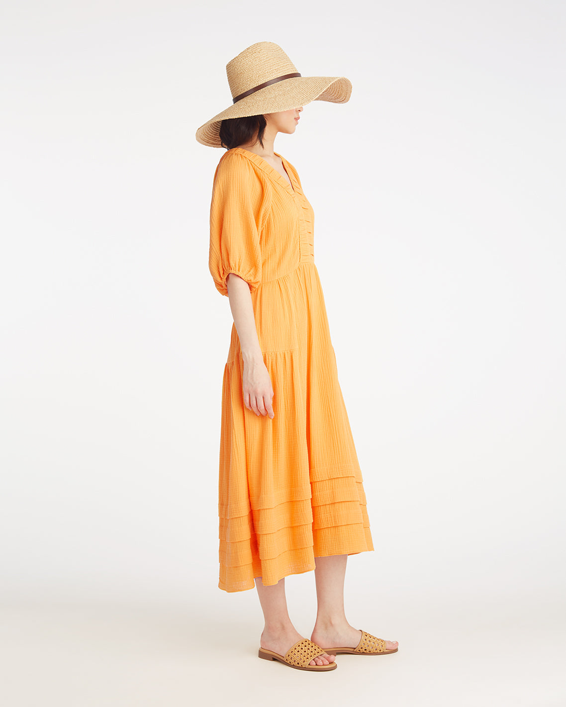 Chloe V-Neck Midi Dress in Crinkle Cotton Orange - Draper James