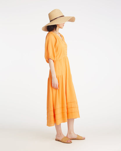 Chloe V-Neck Midi Dress in Crinkle Cotton Orange - Draper James