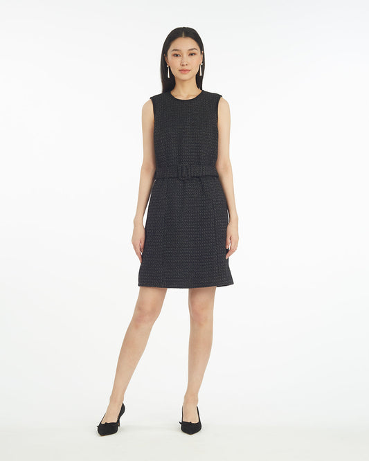 Sadie Belted Shift Dress in Tweed Black - Draper James