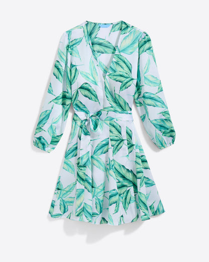 Jordan Long-Sleeve Wrap Dress in Hammered Satin Tropical Leaf - Draper James